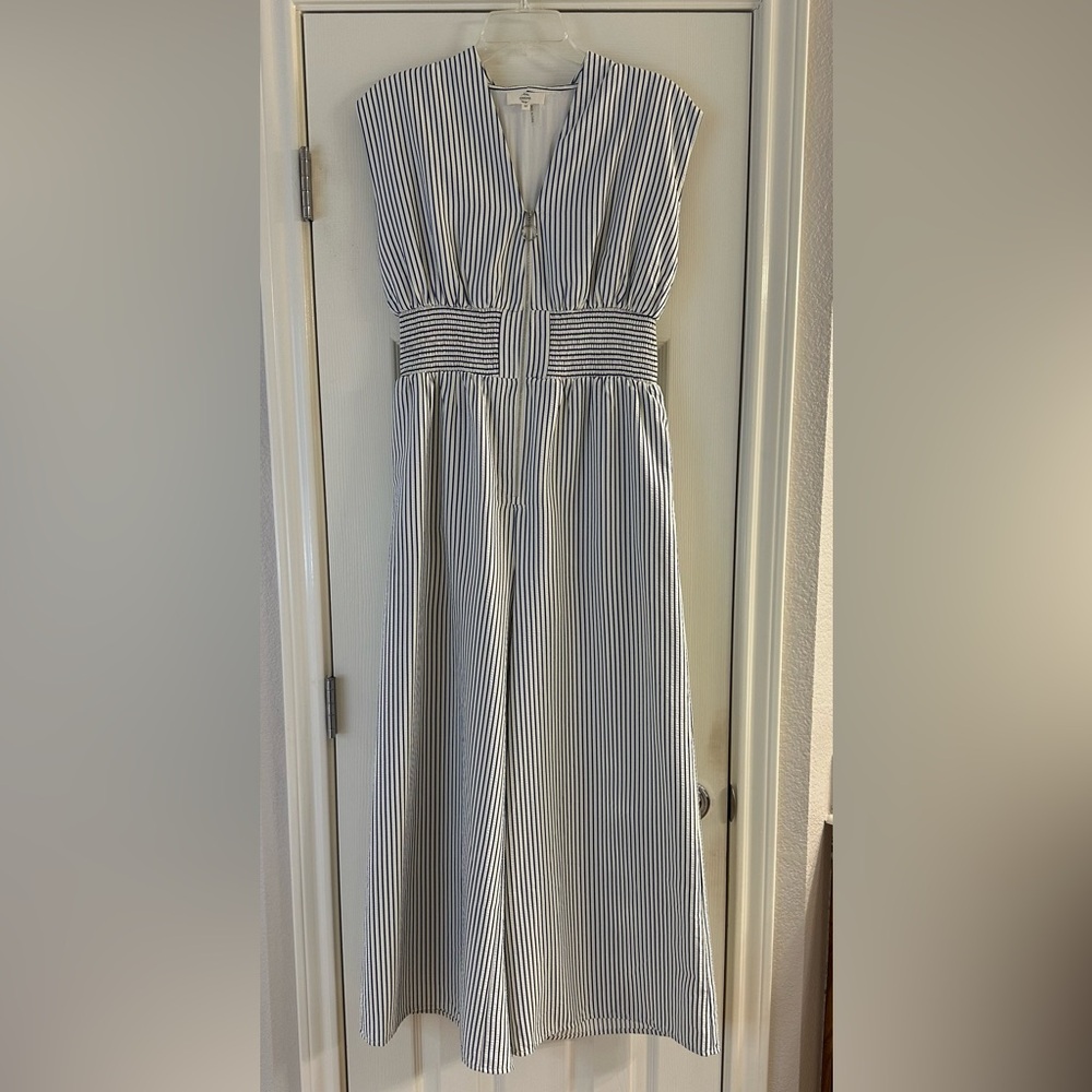 Entro White & Blue Striped Sleeveless Jumpsuit